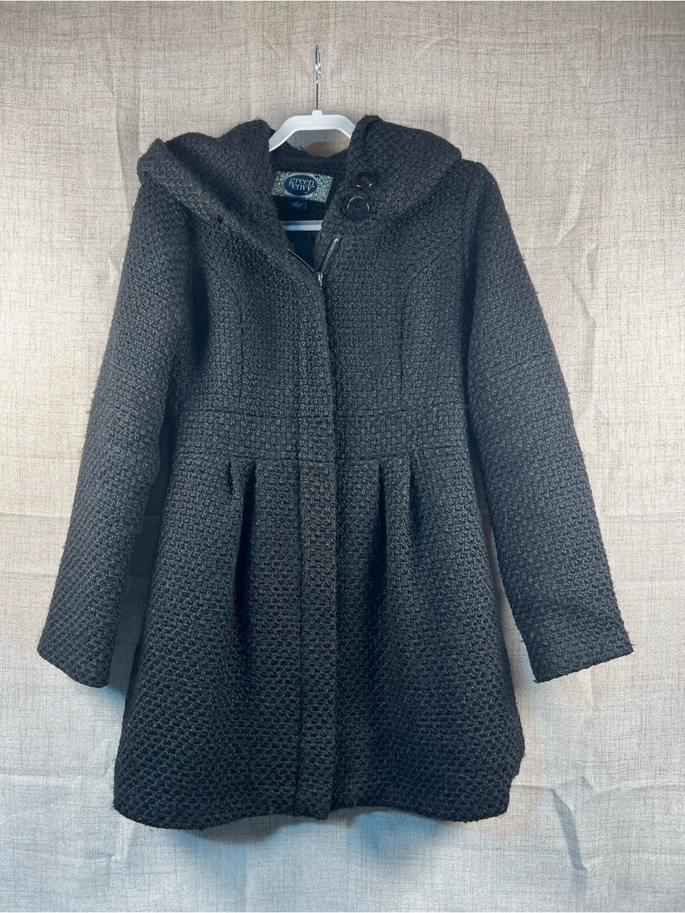 Coat Green Envy Black Mid Length Fitted Waist Hooded Women's Medium